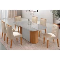 Sala de Jantar Completa Pilar c/ Tampo Madeirado c/ Vidro Canto Curvo 180x90cm e 6 Cadeiras Maldivas Naturale/Off White - Suede Creme - Rufato
