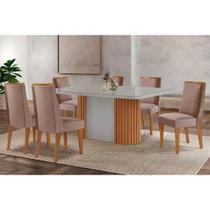 Sala de Jantar Completa Pilar c/ Tampo Madeirado c/ Vidro Canto Curvo 180x90cm e 6 Cadeiras Tilia Naturale/Off White - Linho Capuccino - Rufato