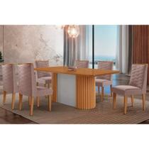 Sala de Jantar Completa Pilar c/ Tampo Madeirado Canto Curvo 180x90cm e 6 Cadeiras Dafne Naturale/Off White - Linho Capuccino - Rufato