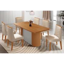 Sala de Jantar Completa Pilar c/ Tampo Madeirado Canto Curvo 180x90cm e 6 Cadeiras Maldivas Naturale/Off White - Suede Creme - Rufato Sala de Jantar Completa Pilar c/ Tampo Madeirado Canto Curvo 180x90cm e 6 Cadeiras Maldivas Naturale/Off White - Suede Creme - Rufato