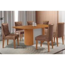 Sala de Jantar Completa Pilar c/ Tampo Madeirado Canto Curvo 180x90cm e 6 Cadeiras Pietá Naturale/Off White - Corano Capuccino - Rufato Sala de Jantar Completa Pilar c/ Tampo Madeirado Canto Curvo 180x90cm e 6 Cadeiras Pietá Naturale/Off White - Corano Capuccino - Rufato