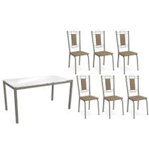 Sala de Jantar Completa Reno c/ Tampo de Vidro 150cm e 4 Cadeiras Florença Niquel - Courano Capuccino - Kappesberg