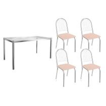 Sala de Jantar Completa Reno c/ Tampo Vidro 150cm + 4 Cadeiras Noruega Cromado/Courano Nude - Kappesberg Sala de Jantar Completa Reno c/ Tampo Vidro 150cm + 4 Cadeiras Noruega Cromado/Courano Nude - Kappesberg