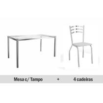 Sala de Jantar Completa Reno c/ Tampo Vidro 150cm + 4 Cadeiras Portugal Cromado/Courano Branco - Kappesberg