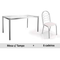 Sala de Jantar Completa Reno c/ Tampo Vidro 150cm + 6 Cadeiras Holanda Cromado/Courano Branco - Kappesberg