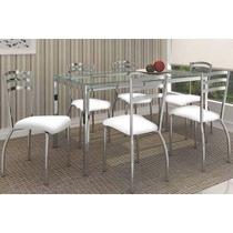Sala de Jantar Completa Reno c/ Tampo Vidro 150cm + 6 Cadeiras Portugal Cromado/Courano Branco - Kappesberg Sala de Jantar Completa Reno c/ Tampo Vidro 150cm + 6 Cadeiras Portugal Cromado/Courano Branco - Kappesberg