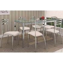 Sala de Jantar Completa Reno c/ Tampo Vidro 150cm + 6 Cadeiras Portugal Cromado/Courano Nude - Kappesberg