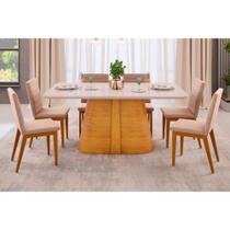 Sala de Jantar Completa Ryze Tampo Madeirado c/ Vidro Curvo 180x100cm e 6 Cadeiras Sofia Cedro/Off White - Ipe/Suede Creme - DJ Móveis