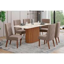 Sala de Jantar Completa Solana c/ Tampo Madeirado c/ Vidro Curvo 160x90cm e 6 Cadeiras Eloa Nature/Veludo Light Marrom Amêndoa - Henn