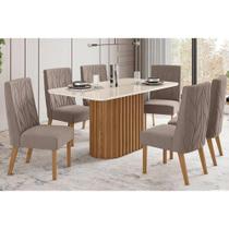 Sala de Jantar Completa Solana c/ Tampo Madeirado c/ Vidro Curvo 200x90cm e 8 Cadeiras Eloá Nature/Suede Light Marrom Amêndoa - Henn