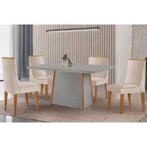 Sala de Jantar Completa Tilia c/ Tampo Madeirado c/ Vidro Canto Curvo 120x80cm e 4 Cadeiras Dakota Naturale/Off White - Suede Creme - Rufato