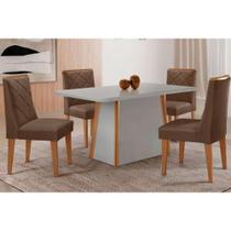 Sala de Jantar Completa Tilia c/ Tampo Madeirado c/ Vidro Canto Curvo 120x80cm e 4 Cadeiras Pietá Naturale/Off White - Suede Marrom - Rufato