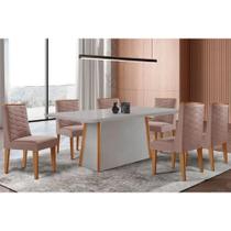 Sala de Jantar Completa Tilia c/ Tampo Madeirado c/ Vidro Canto Curvo 180x90cm e 6 Cadeiras Dafne Naturale/Off White - Linho Capuccino - Rufato Sala de Jantar Completa Tilia c/ Tampo Madeirado c/ Vidro Canto Curvo 180x90cm e 6 Cadeiras Dafne Naturale/Off White - Linho Capuccino - Rufato