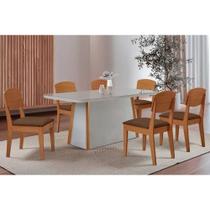 Sala de Jantar Completa Tilia c/ Tampo Madeirado c/ Vidro Canto Curvo 180x90cm e 6 Cadeiras Havana Naturale/Off White - Suede Marrom - Rufato