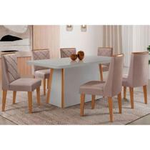 Sala de Jantar Completa Tilia c/ Tampo Madeirado c/ Vidro Canto Curvo 180x90cm e 6 Cadeiras Pietá Naturale/Off White - Linho Capuccino - Rufato