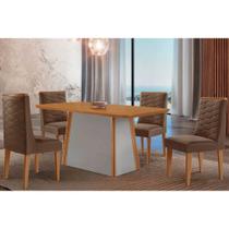 Sala de Jantar Completa Tilia c/ Tampo Madeirado Canto Curvo 120x80cm e 4 Cadeiras Dafne Naturale/Off White - Suede Marrom - Rufato