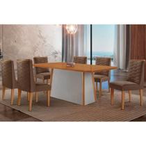 Sala de Jantar Completa Tilia c/ Tampo Madeirado Canto Curvo 180x90cm e 6 Cadeiras Dafne Naturale/Off White - Suede Marrom - Rufato Sala de Jantar Completa Tilia c/ Tampo Madeirado Canto Curvo 180x90cm e 6 Cadeiras Dafne Naturale/Off White - Suede Marrom - Rufato
