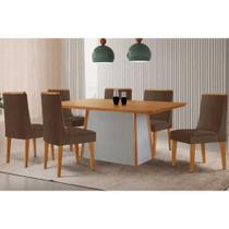 Sala de Jantar Completa Tilia c/ Tampo Madeirado Canto Curvo 180x90cm e 6 Cadeiras Dakota Naturale/Off White - Suede Marrom - Rufato Sala de Jantar Completa Tilia c/ Tampo Madeirado Canto Curvo 180x90cm e 6 Cadeiras Dakota Naturale/Off White - Suede Marrom - Rufato