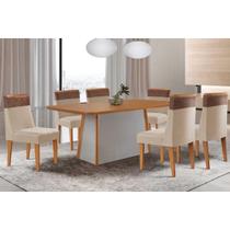 Sala de Jantar Completa Tilia c/ Tampo Madeirado Canto Curvo 180x90cm e 6 Cadeiras Jaspe Naturale/Off White - Suede Creme - Rufato Sala de Jantar Completa Tilia c/ Tampo Madeirado Canto Curvo 180x90cm e 6 Cadeiras Jaspe Naturale/Off White - Suede Creme - Rufato