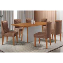 Sala de Jantar Completa Tilia c/ Tampo Madeirado Canto Curvo 180x90cm e 6 Cadeiras Pietá Naturale/Off White - Corano Capuccino - Rufato Sala de Jantar Completa Tilia c/ Tampo Madeirado Canto Curvo 180x90cm e 6 Cadeiras Pietá Naturale/Off White - Corano Capuccino - Rufato