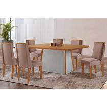 Sala de Jantar Completa Tilia c/ Tampo Madeirado Canto Curvo 180x90cm e 6 Cadeiras Tilia Naturale/Off White - Linho Capuccino - Rufato