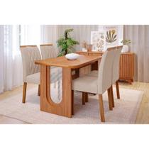 Sala de Jantar Completa Valentina Tampo Madeirado 130x80cm e 4 Cadeiras Juliana Cinamomo - Carvalho/Suede Nude Bege - Cimol