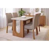 Sala de Jantar Completa Valentina Tampo Madeirado c/ Vidro 130x80cm e 4 Cadeiras Juliana Cinamomo/Off White - Carvalho/Linho Bege - Cimol