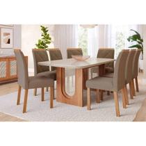 Sala de Jantar Completa Valentina Tampo Madeirado c/ Vidro 210x100cm e 8 Cadeiras Fernanda Cinamomo/Off White - Carvalho/Suede Joli Capuccino - Cimol
