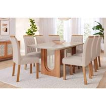 Sala de Jantar Completa Valentina Tampo Madeirado c/ Vidro 210x100cm e 8 Cadeiras Juliana Cinamomo/Off White - Carvalho/Suede Nude Bege - Cimol