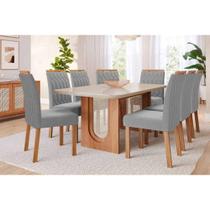 Sala de Jantar Completa Valentina Tampo Madeirado c/ Vidro 210x100cm e 8 Cadeiras Paola Cinamomo/Off White - Carvalho/Linho Grafite - Cimol