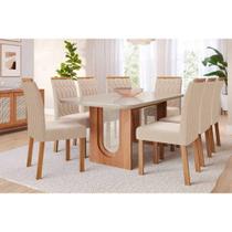Sala de Jantar Completa Valentina Tampo Madeirado c/ Vidro 210x100cm e 8 Cadeiras Paola Cinamomo/Off White - Carvalho/Suede Nude Bege - Cimol