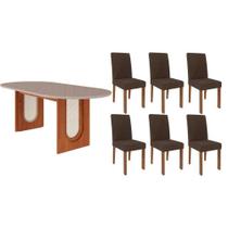 Sala de Jantar Completa Valentina Tampo Madeirado Oval c/ Vidro 210x100cm e 6 Cadeiras Maia Cinamomo/Off White - Suede Mascavo Chocolate - Cimol