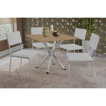 Sala de Jantar Completa Volga c/ Tampo de Madeira 90cm e 4 Cadeiras Zaria Cromada/Nogueira - Boucle Cinza - Kappesberg