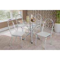 Sala de Jantar Completa Volga c/ Tampo de Vidro 90cm e 4 Cadeiras Holanda Cromada - Courano Branco - Kappesberg Sala de Jantar Completa Volga c/ Tampo de Vidro 90cm e 4 Cadeiras Holanda Cromada - Courano Branco - Kappesberg