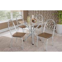 Sala de Jantar Completa Volga c/ Tampo de Vidro 90cm e 4 Cadeiras Holanda Cromada - Courano Capuccino - Kappesberg