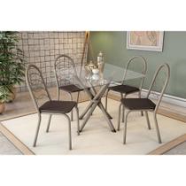 Sala de Jantar Completa Volga c/ Tampo de Vidro 90cm e 4 Cadeiras Holanda Niquel - Courano Marrom - Kappesberg