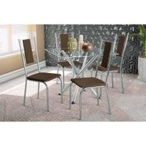 Sala de Jantar Completa Volga c/ Tampo de Vidro 90cm e 4 Cadeiras Lisboa Cromada - Courano Marrom - Kappesberg
