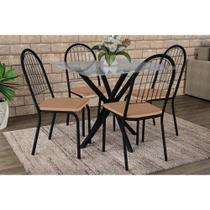 Sala de Jantar Completa Volga c/ Tampo de Vidro 90cm e 4 Cadeiras Noruega Preto - Capuccino - Kappesberg