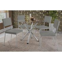 Sala de Jantar Completa Volga c/ Tampo de Vidro 90x90cm e 4 Cadeiras Zaria Cromado - Boucle Cinza - Kappesberg Sala de Jantar Completa Volga c/ Tampo de Vidro 90x90cm e 4 Cadeiras Zaria Cromado - Boucle Cinza - Kappesberg
