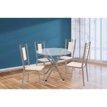 Sala de Jantar Completa Volga c/ Tampo de Vidro 95cm e 4 Cadeiras Florença Niquel - Courano Bege - Kappesberg Sala de Jantar Completa Volga c/ Tampo de Vidro 95cm e 4 Cadeiras Florença Niquel - Courano Bege - Kappesberg