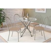 Sala de Jantar Completa Volga c/ Tampo de Vidro 95cm e 4 Cadeiras Noruega Niquel - Courano Bege - Kappesberg