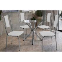 Sala de Jantar Completa Volga c/ Tampo Vidro 95cm + 4 Cadeiras Lisboa Cromado/Courano Branco - Kappesberg Sala de Jantar Completa Volga c/ Tampo Vidro 95cm + 4 Cadeiras Lisboa Cromado/Courano Branco - Kappesberg