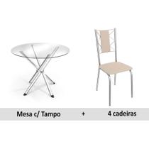 Sala de Jantar Completa Volga c/ Tampo Vidro 95cm + 4 Cadeiras Lisboa Cromado/Courano Nude - Kappesberg