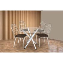 Sala de Jantar Completa Volga c/ Tampo Vidro 95cm + 4 Cadeiras Noruega Cromado/Courano Marrom - Kappesberg