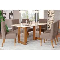 Sala de Jantar Completa Yara c/ Tampo Madeirado c/ Vidro Curvo 160x90cm e 6 Cadeiras Eloa Nature/Veludo Light Marrom Amêndoa - Henn