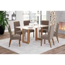 Sala de Jantar Completa Yara c/ Tampo Madeirado c/ Vidro Curvo 160x90cm e 6 Cadeiras Nina Nature/Suede Light Marrom Amêndoa - Henn