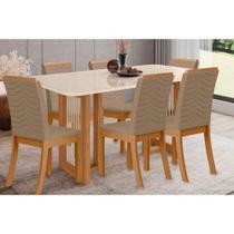 Sala de Jantar Completa Yara SC79 Tampo Madeirado c/ Vidro Canto Curvo 160x90cm e 6 Cadeiras Isa Nature/Veludo Light Bege - Henn