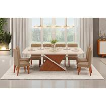 Sala de Jantar Completa Zafira c/ Tampo Madeirado c/ Vidro Curvo 200x100cm e 8 Cadeiras Lia Freijo/Off White - Linho Bege - DJ Móveis Sala de Jantar Completa Zafira c/ Tampo Madeirado c/ Vidro Curvo 200x100cm e 8 Cadeiras Lia Freijo/Off White - Linho Bege - DJ Móveis