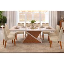Sala de Jantar Completa Zafira Tampo Madeirado c/ Vidro Curvo 200x100cm e 8 Cadeiras Bia Freijo/Off White - Linho Neve - DJ Móveis Sala de Jantar Completa Zafira Tampo Madeirado c/ Vidro Curvo 200x100cm e 8 Cadeiras Bia Freijo/Off White - Linho Neve - DJ Móveis