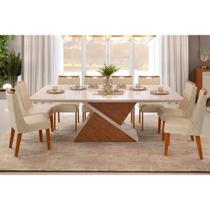 Sala de Jantar Completa Zafira Tampo Madeirado c/ Vidro Curvo 200x100cm e 8 Cadeiras Bia Freijo/Off White - Linho Neve - DJ Móveis Sala de Jantar Completa Zafira Tampo Madeirado c/ Vidro Curvo 200x100cm e 8 Cadeiras Bia Freijo/Off White - Linho Neve - DJ Móveis